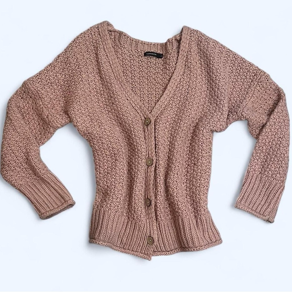 Women’s Size Small Medium Mauve Pink Button Chunky Knit Cardigan Sweater